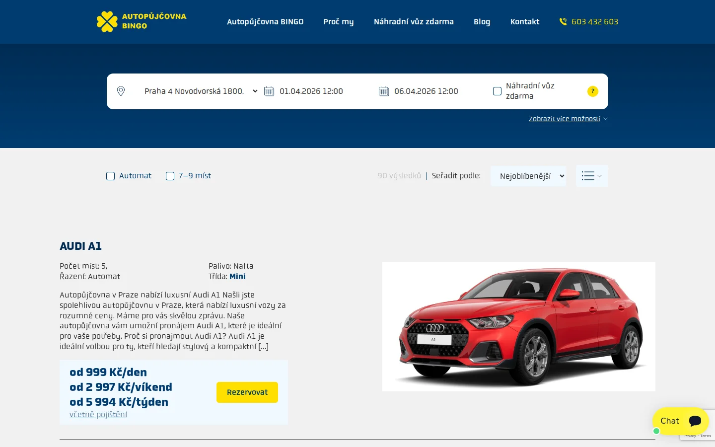 BINGO Autopůjčovna website