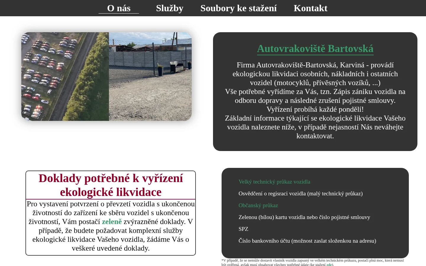 Autovrakoviště Bartovská, Karviná website