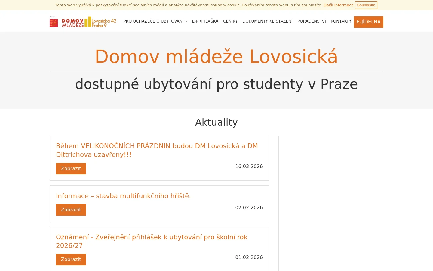 Domov mládeže a školní jídelna, Praha 9, Lovosická 42 website