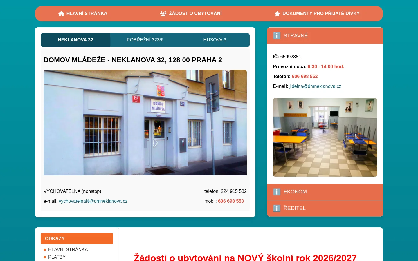 Domov mládeže a školní jídelna, Praha 2, Neklanova 32 website