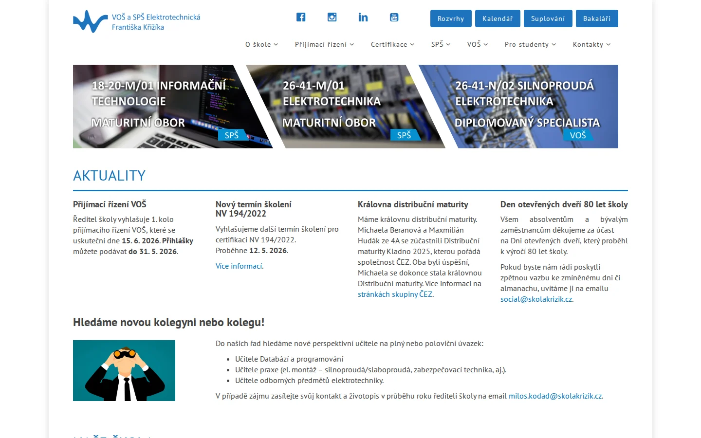 VOŠ a SPŠE Františka Křižíka website