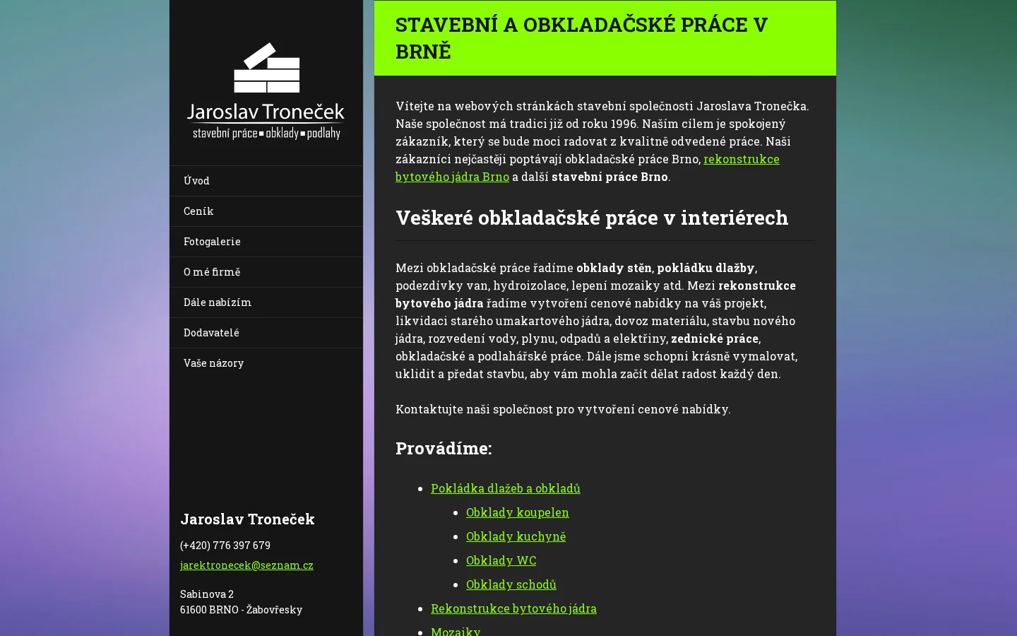 Obkladačské práce Troneček website